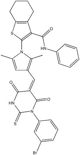 2-{3-[(1-(3-bromophenyl)-4,6-dioxo-2-thioxotetrahydro-5(2H)-pyrimidinylidene)methyl]-2,5-dimethyl-1H-pyrrol-1-yl}-N-phenyl-4,5,6,7-tetrahydro-1-benzothiophene-3-carboxamide 구조식 이미지