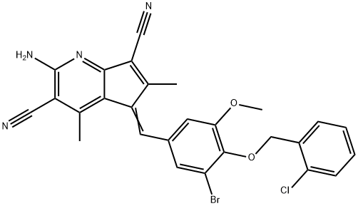 2-amino-5-{3-bromo-4-[(2-chlorobenzyl)oxy]-5-methoxybenzylidene}-4,6-dimethyl-5H-cyclopenta[b]pyridine-3,7-dicarbonitrile 구조식 이미지