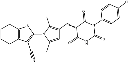 2-(3-{[1-(4-chlorophenyl)-4,6-dioxo-2-thioxotetrahydro-5(2H)-pyrimidinylidene]methyl}-2,5-dimethyl-1H-pyrrol-1-yl)-4,5,6,7-tetrahydro-1-benzothiophene-3-carbonitrile 구조식 이미지