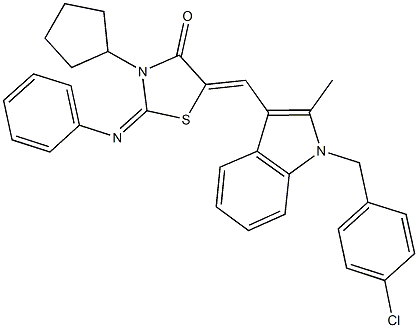 5-{[1-(4-chlorobenzyl)-2-methyl-1H-indol-3-yl]methylene}-3-cyclopentyl-2-(phenylimino)-1,3-thiazolidin-4-one 구조식 이미지