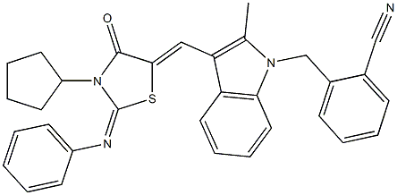 2-[(3-{[3-cyclopentyl-4-oxo-2-(phenylimino)-1,3-thiazolidin-5-ylidene]methyl}-2-methyl-1H-indol-1-yl)methyl]benzonitrile Structure