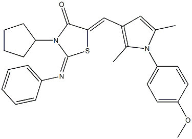 3-cyclopentyl-5-{[1-(4-methoxyphenyl)-2,5-dimethyl-1H-pyrrol-3-yl]methylene}-2-(phenylimino)-1,3-thiazolidin-4-one 구조식 이미지