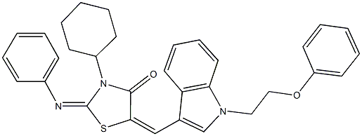 3-cyclohexyl-5-{[1-(2-phenoxyethyl)-1H-indol-3-yl]methylene}-2-(phenylimino)-1,3-thiazolidin-4-one 구조식 이미지