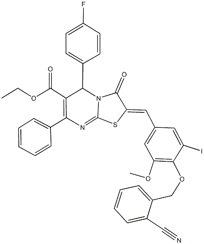 ethyl 2-{4-[(2-cyanobenzyl)oxy]-3-iodo-5-methoxybenzylidene}-5-(4-fluorophenyl)-3-oxo-7-phenyl-2,3-dihydro-5H-[1,3]thiazolo[3,2-a]pyrimidine-6-carboxylate 구조식 이미지