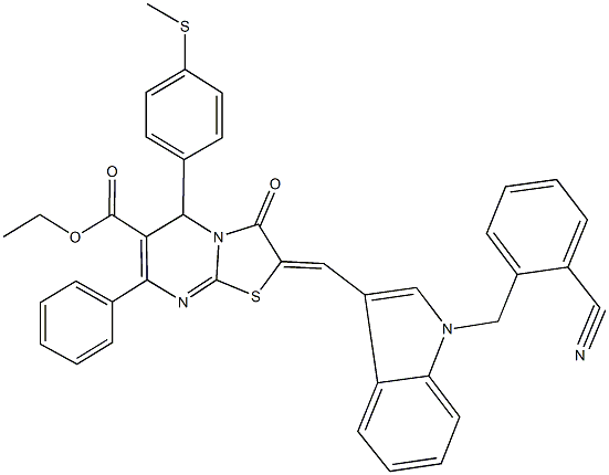 ethyl 2-{[1-(2-cyanobenzyl)-1H-indol-3-yl]methylene}-5-[4-(methylsulfanyl)phenyl]-3-oxo-7-phenyl-2,3-dihydro-5H-[1,3]thiazolo[3,2-a]pyrimidine-6-carboxylate 구조식 이미지