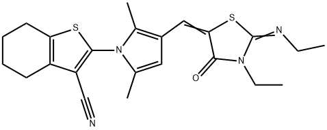 2-(3-{[3-ethyl-2-(ethylimino)-4-oxo-1,3-thiazolidin-5-ylidene]methyl}-2,5-dimethyl-1H-pyrrol-1-yl)-4,5,6,7-tetrahydro-1-benzothiophene-3-carbonitrile Structure