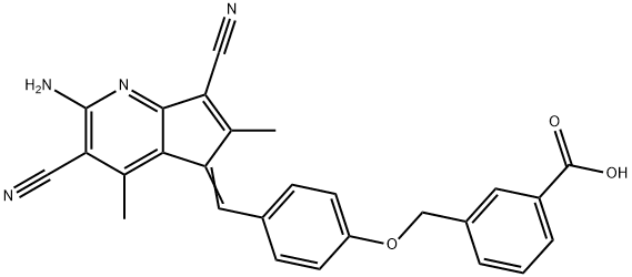 3-({4-[(2-amino-3,7-dicyano-4,6-dimethyl-5H-cyclopenta[b]pyridin-5-ylidene)methyl]phenoxy}methyl)benzoic acid Structure
