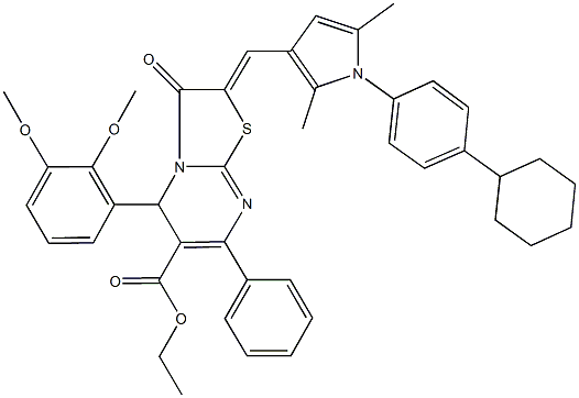 ethyl 2-{[1-(4-cyclohexylphenyl)-2,5-dimethyl-1H-pyrrol-3-yl]methylene}-5-(2,3-dimethoxyphenyl)-3-oxo-7-phenyl-2,3-dihydro-5H-[1,3]thiazolo[3,2-a]pyrimidine-6-carboxylate 구조식 이미지