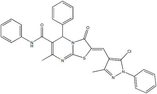 2-[(5-chloro-3-methyl-1-phenyl-1H-pyrazol-4-yl)methylene]-7-methyl-3-oxo-N,5-diphenyl-2,3-dihydro-5H-[1,3]thiazolo[3,2-a]pyrimidine-6-carboxamide 구조식 이미지