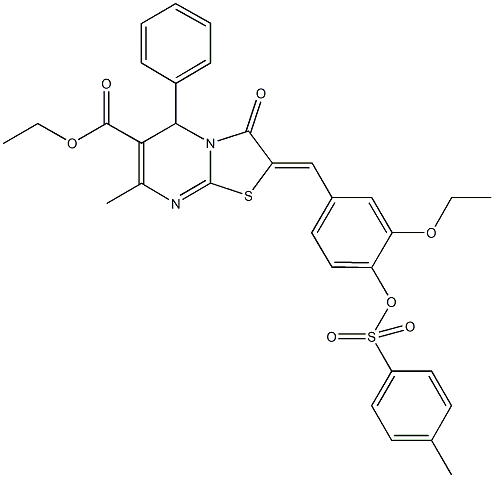 ethyl 2-(3-ethoxy-4-{[(4-methylphenyl)sulfonyl]oxy}benzylidene)-7-methyl-3-oxo-5-phenyl-2,3-dihydro-5H-[1,3]thiazolo[3,2-a]pyrimidine-6-carboxylate 구조식 이미지
