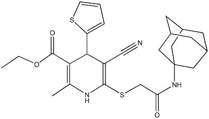 ethyl 6-{[2-(1-adamantylamino)-2-oxoethyl]sulfanyl}-5-cyano-2-methyl-4-(2-thienyl)-1,4-dihydro-3-pyridinecarboxylate 구조식 이미지