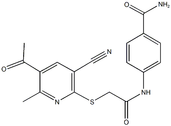 4-({[(5-acetyl-3-cyano-6-methyl-2-pyridinyl)sulfanyl]acetyl}amino)benzamide Structure