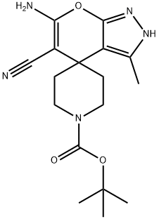 6-amino-1'-tert-butoxycarnonyl-3-methyl-2,4-dihydrospiro(pyrano[2,3-c]pyrazole-4,4'-piperidine)-5-carbonitrile Structure