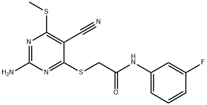 2-{[2-amino-5-cyano-6-(methylsulfanyl)-4-pyrimidinyl]sulfanyl}-N-(3-fluorophenyl)acetamide Structure