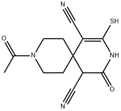 9-acetyl-4-oxo-2-sulfanyl-3,9-diazaspiro[5.5]undec-1-ene-1,5-dicarbonitrile 구조식 이미지