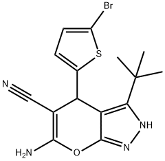 6-amino-4-(5-bromo-2-thienyl)-3-tert-butyl-2,4-dihydropyrano[2,3-c]pyrazole-5-carbonitrile Structure