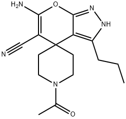 1'-acetyl-6-amino-5-cyano-3-propyl-2,4-dihydrospiro[pyrano[2,3-c]pyrazole-4,4'-piperidine] Structure