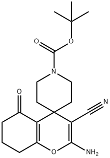 2-amino-3-cyano-1'-(tert-butoxycarbonyl)-5-oxo-5,6,7,8-tetrahydrospiro[4H-chromene-4,4'-piperidine] Structure