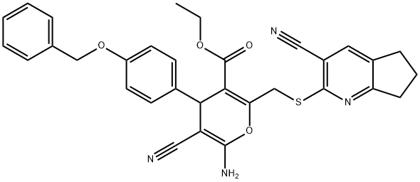 ethyl 6-amino-4-[4-(benzyloxy)phenyl]-5-cyano-2-{[(3-cyano-6,7-dihydro-5H-cyclopenta[b]pyridin-2-yl)sulfanyl]methyl}-4H-pyran-3-carboxylate 구조식 이미지