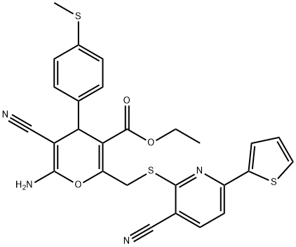 ethyl 6-amino-5-cyano-2-({[3-cyano-6-(2-thienyl)-2-pyridinyl]sulfanyl}methyl)-4-[4-(methylsulfanyl)phenyl]-4H-pyran-3-carboxylate Structure