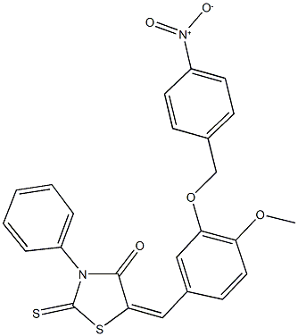 5-[3-({4-nitrobenzyl}oxy)-4-methoxybenzylidene]-3-phenyl-2-thioxo-1,3-thiazolidin-4-one Structure