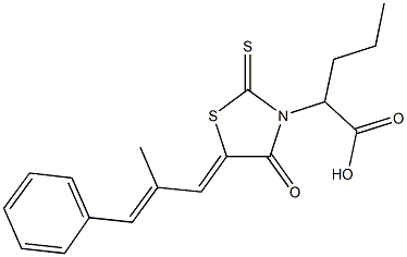 2-[5-(2-methyl-3-phenyl-2-propenylidene)-4-oxo-2-thioxo-1,3-thiazolidin-3-yl]pentanoic acid 구조식 이미지