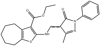ethyl 2-{[(3-methyl-5-oxo-1-phenyl-1,5-dihydro-4H-pyrazol-4-ylidene)methyl]amino}-5,6,7,8-tetrahydro-4H-cyclohepta[b]thiophene-3-carboxylate Structure