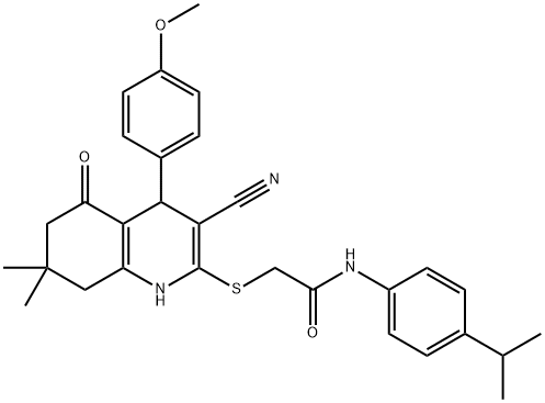 2-{[3-cyano-4-(4-methoxyphenyl)-7,7-dimethyl-5-oxo-1,4,5,6,7,8-hexahydro-2-quinolinyl]sulfanyl}-N-(4-isopropylphenyl)acetamide 구조식 이미지