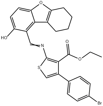 ethyl 4-(4-bromophenyl)-2-{[(2-hydroxy-6,7,8,9-tetrahydrodibenzo[b,d]furan-1-yl)methylene]amino}-3-thiophenecarboxylate 구조식 이미지