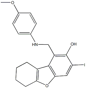 3-iodo-1-[(4-methoxyanilino)methyl]-6,7,8,9-tetrahydrodibenzo[b,d]furan-2-ol 구조식 이미지