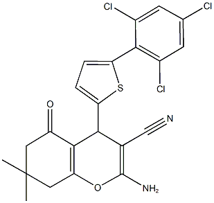 2-amino-7,7-dimethyl-5-oxo-4-(5-(2,4,6-trichlorophenyl)thien-2-yl)-5,6,7,8-tetrahydro-4H-chromene-3-carbonitrile 구조식 이미지