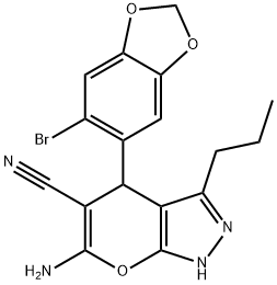 6-amino-4-(6-bromo-1,3-benzodioxol-5-yl)-3-propyl-1,4-dihydropyrano[2,3-c]pyrazole-5-carbonitrile Structure