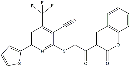 2-{[2-oxo-2-(2-oxo-2H-chromen-3-yl)ethyl]sulfanyl}-6-(2-thienyl)-4-(trifluoromethyl)nicotinonitrile 구조식 이미지