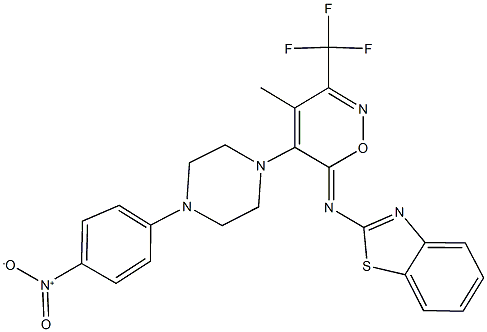 2-{[5-(4-{4-nitrophenyl}-1-piperazinyl)-4-methyl-3-(trifluoromethyl)-6H-1,2-oxazin-6-ylidene]amino}-1,3-benzothiazole 구조식 이미지