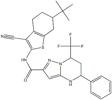 N-[6-(tert-butyl)-3-cyano-4,5,6,7-tetrahydro-1-benzothiophen-2-yl]-5-phenyl-7-(trifluoromethyl)-4,5,6,7-tetrahydropyrazolo[1,5-a]pyrimidine-2-carboxamide 구조식 이미지