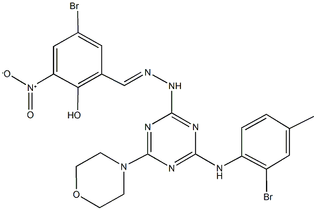 5-bromo-2-hydroxy-3-nitrobenzaldehyde [4-(2-bromo-4-methylanilino)-6-(4-morpholinyl)-1,3,5-triazin-2-yl]hydrazone Structure