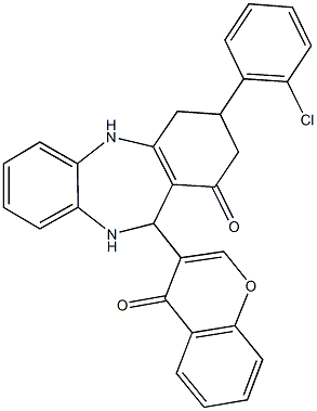 3-(2-chlorophenyl)-11-(4-oxo-4H-chromen-3-yl)-2,3,4,5,10,11-hexahydro-1H-dibenzo[b,e][1,4]diazepin-1-one 구조식 이미지