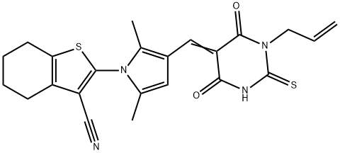 2-{3-[(1-allyl-4,6-dioxo-2-thioxotetrahydro-5(2H)-pyrimidinylidene)methyl]-2,5-dimethyl-1H-pyrrol-1-yl}-4,5,6,7-tetrahydro-1-benzothiophene-3-carbonitrile 구조식 이미지
