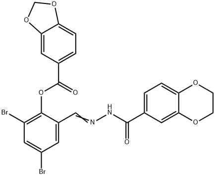 2,4-dibromo-6-[2-(2,3-dihydro-1,4-benzodioxin-6-ylcarbonyl)carbohydrazonoyl]phenyl 1,3-benzodioxole-5-carboxylate Structure