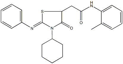 2-[3-cyclohexyl-4-oxo-2-(phenylimino)-1,3-thiazolidin-5-yl]-N-(2-methylphenyl)acetamide 구조식 이미지