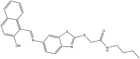 N-butyl-2-[(6-{[(2-hydroxy-1-naphthyl)methylene]amino}-1,3-benzothiazol-2-yl)sulfanyl]acetamide 구조식 이미지