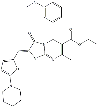 ethyl 5-(3-methoxyphenyl)-7-methyl-3-oxo-2-{[5-(1-piperidinyl)-2-furyl]methylene}-2,3-dihydro-5H-[1,3]thiazolo[3,2-a]pyrimidine-6-carboxylate 구조식 이미지