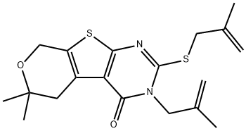 6,6-dimethyl-3-(2-methyl-2-propenyl)-2-[(2-methyl-2-propenyl)sulfanyl]-3,5,6,8-tetrahydro-4H-pyrano[4',3':4,5]thieno[2,3-d]pyrimidin-4-one 구조식 이미지