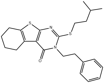 2-(isopentylsulfanyl)-3-(2-phenylethyl)-5,6,7,8-tetrahydro[1]benzothieno[2,3-d]pyrimidin-4(3H)-one 구조식 이미지