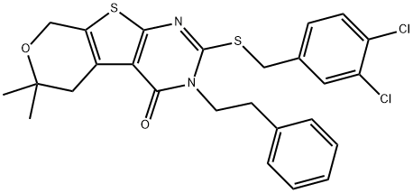 2-[(3,4-dichlorobenzyl)sulfanyl]-6,6-dimethyl-3-(2-phenylethyl)-3,5,6,8-tetrahydro-4H-pyrano[4',3':4,5]thieno[2,3-d]pyrimidin-4-one 구조식 이미지