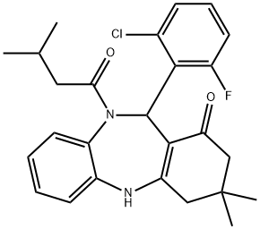 11-(2-chloro-6-fluorophenyl)-3,3-dimethyl-10-(3-methylbutanoyl)-2,3,4,5,10,11-hexahydro-1H-dibenzo[b,e][1,4]diazepin-1-one 구조식 이미지