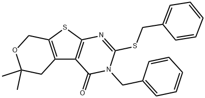 3-benzyl-2-(benzylsulfanyl)-6,6-dimethyl-3,5,6,8-tetrahydro-4H-pyrano[4',3':4,5]thieno[2,3-d]pyrimidin-4-one 구조식 이미지