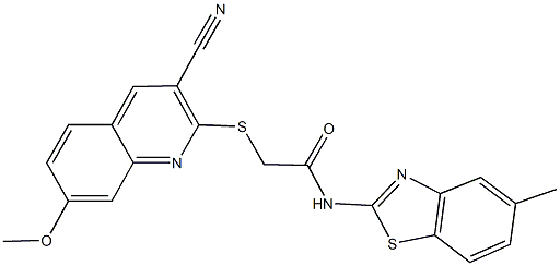 2-[(3-cyano-7-methoxy-2-quinolinyl)sulfanyl]-N-(5-methyl-1,3-benzothiazol-2-yl)acetamide 구조식 이미지