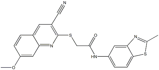 2-{[3-cyano-7-(methyloxy)quinolin-2-yl]sulfanyl}-N-(2-methyl-1,3-benzothiazol-5-yl)acetamide 구조식 이미지