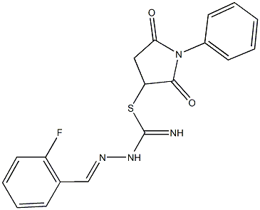 2,5-dioxo-1-phenyl-3-pyrrolidinyl 2-(2-fluorobenzylidene)hydrazinecarbimidothioate 구조식 이미지